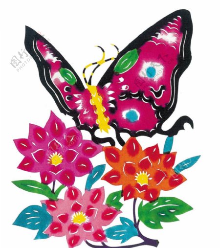 蝴蝶鲜花剪纸图片