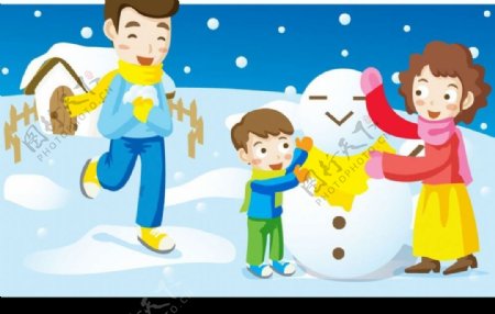 卡通人物堆雪人图片