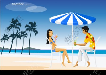 夏日海滩休闲的情侣图片