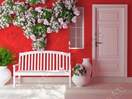 清新红墙花藤长椅图片