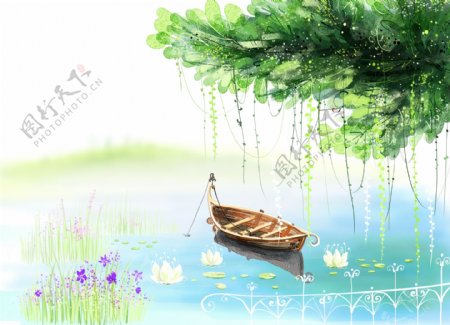 手绘水彩湖面风景插画图片