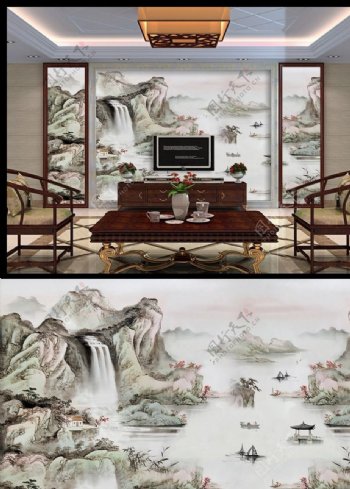 大理石山水画背景墙图片