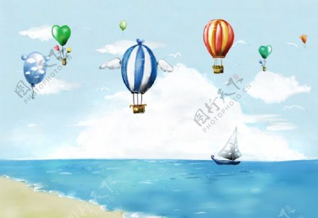 手绘卡通热气球海洋风景插画图片