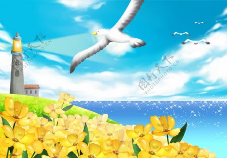 手绘卡通海鸥灯塔风景插画图片