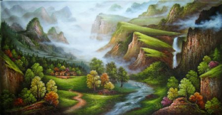树木山河风景油画图片