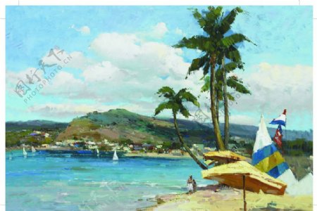 油画海景椰树图片