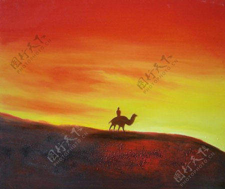 高山天空骆驼油画图片
