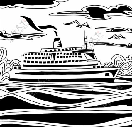 黑白轮船装饰画图片