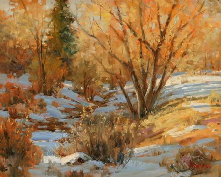 油画冬天风景图片
