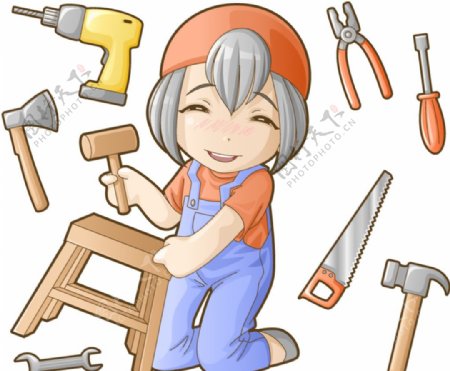 可爱木工女孩和工具图片