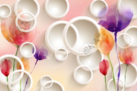 水粉花卉3D立体圆圈壁画图片