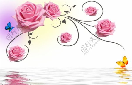 现代浪漫玫瑰花卉倒影水纹背景墙图片