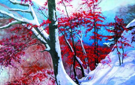 雪地红霞油画图片