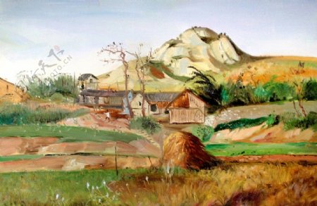 美术油画风景画乡村房屋农家树木花木油画艺术图片