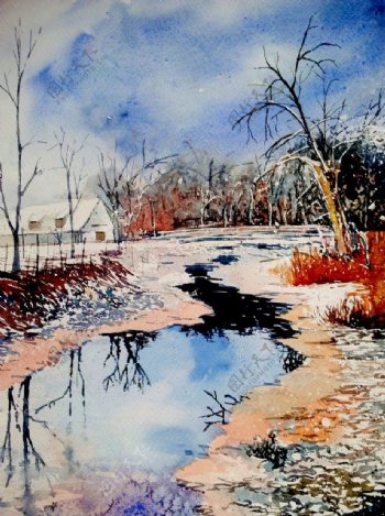 油画冬季小河图片