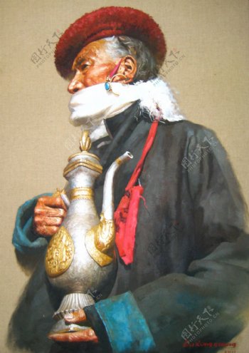 抱壶的藏族老人图片