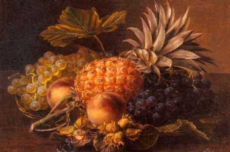 油画葡萄菠萝桃子和榛子图片