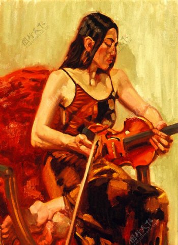 油画装饰画无框画拉小提琴的女人图片