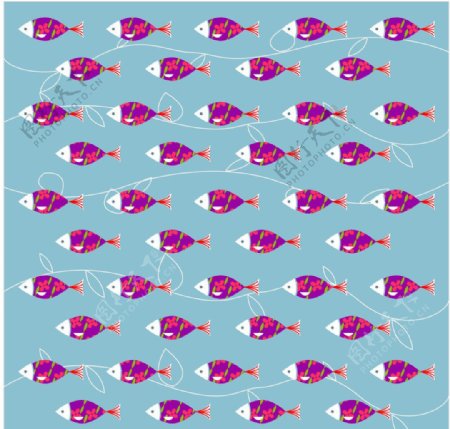 紫色卡通鱼背景有叶图片