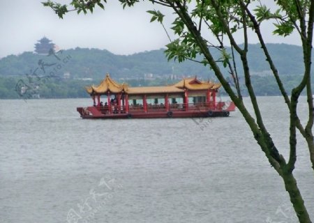 西湖船景图片