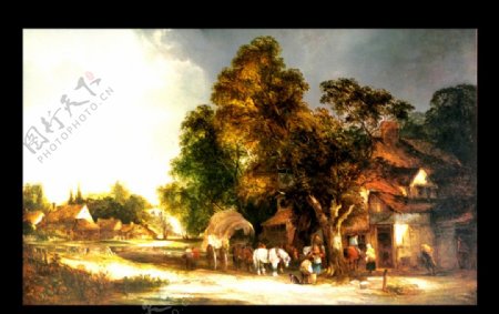 世界名画油画名画画树房子图片