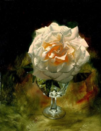 白玫瑰玻璃杯油画图片