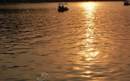 夕阳划船图片