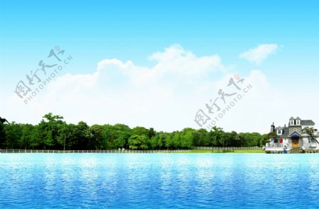 蓝天树林水图片
