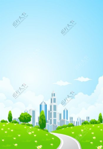 蓝天白云草地绿色环保城市图片