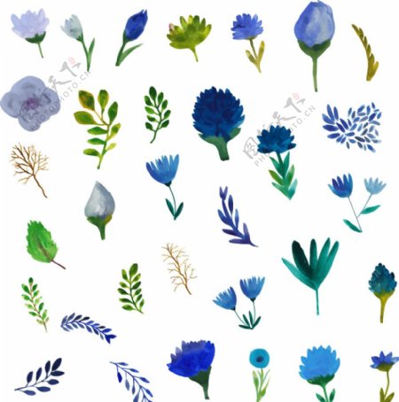 蓝色水彩风格小清新森系树叶花朵图片