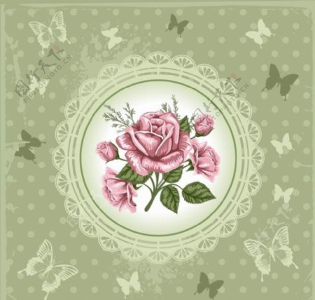 浪漫粉色玫瑰花纹背景蝴蝶图片