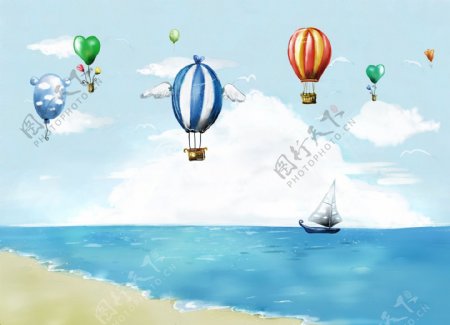 海边白云热气球图片