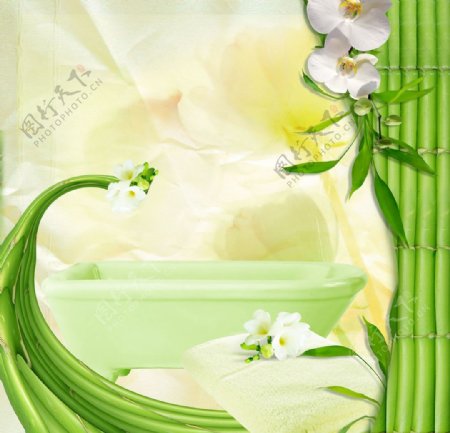 富贵竹花朵浴巾浴盆相框背景设计图片