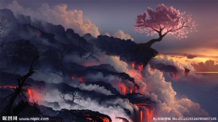 火山崖上的樱花图片