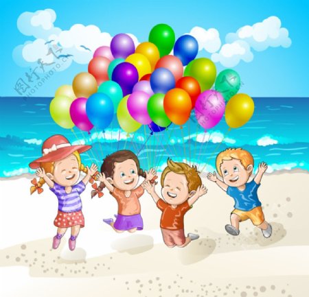 海滩玩气球的孩图片