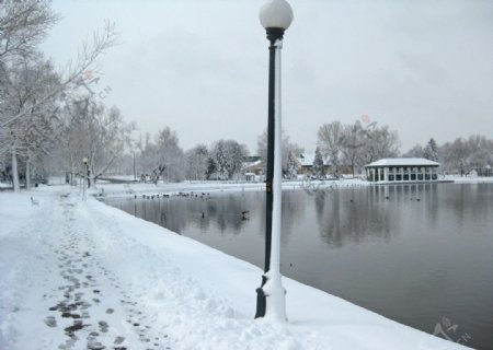 河边雪景图片