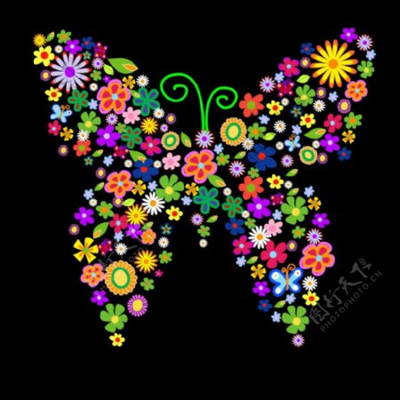 色彩斑斓的花卉组成的蝴蝶矢量素材图片