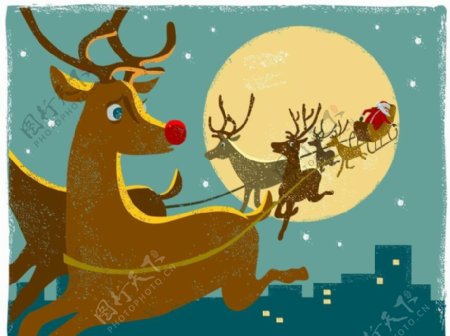 卡通小鹿雪橇圣诞背景图片