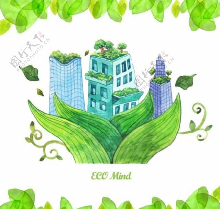 树叶绿叶楼房环保素材图片