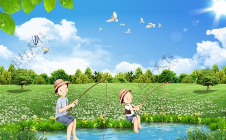 草地上钓鱼图片