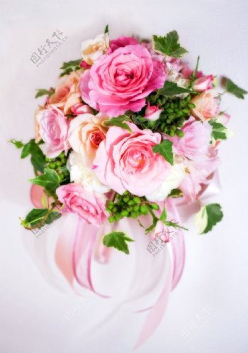 粉红的玫瑰花束图片