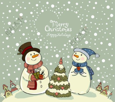卡通雪人情侣圣诞背景图片