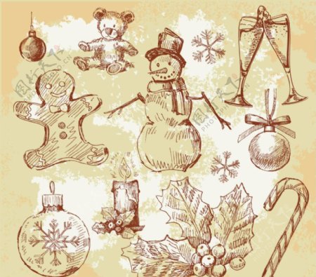 手绘怀旧圣诞装饰素材矢量图片