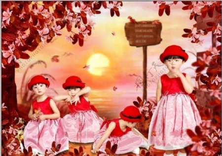 儿童红帽婚纱模版图片