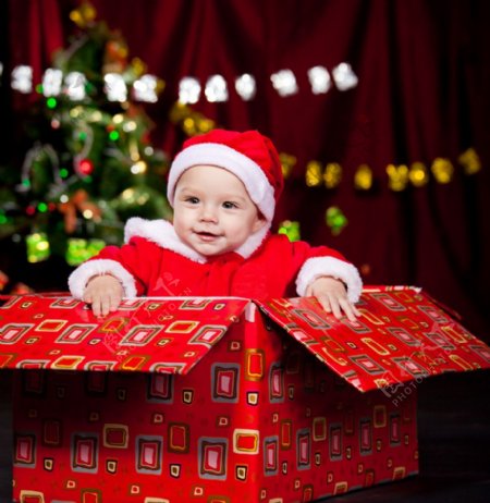 圣诞礼盒中的可爱婴儿宝宝图片