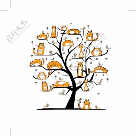 可爱的卡通小猫树木图片