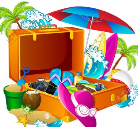 海浪旅行箱夏日度假背景图片