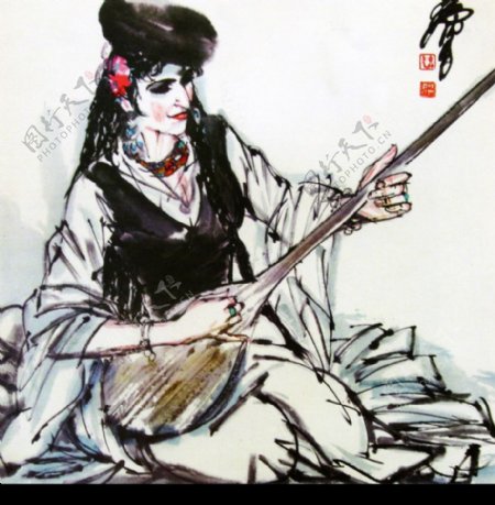 弹琴的维吾尔族少女