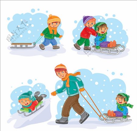 卡通冬天在雪地里玩耍的孩子