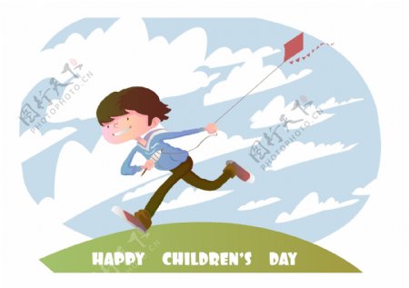 卡通儿童节放风筝的孩子